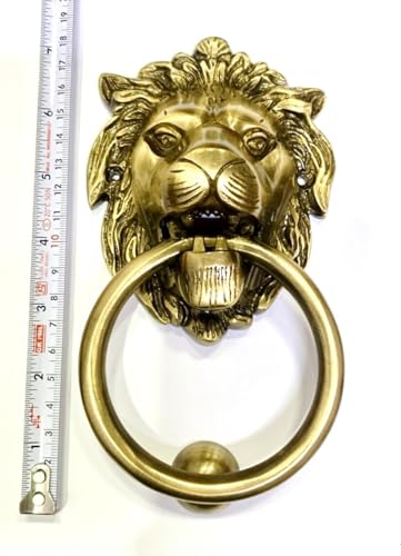 Image of Brass Lion Door Knocker (Lion Face Design) 7.5 inch x 4 inch | Door Knocker for Main Door, Hotel Door, Main Gates | Heavy Duty Brass Lion Door Knocker with Screws (Golden (Pack of 1)) (Large)