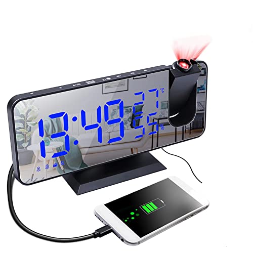 Kavolet Réveil à Projection numérique 4 en 1, Horloge de projecteur à 180 degrés, avec Surface de Miroir, Moniteur d'humidité température/Radio FM/Chargeur de téléphone/Affichage à LED/℃ / ℉