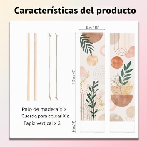 Miniatura 2 de Pligreat Paquete De 2 Tapices Bohemios Con Borlas, 132 X 33 Cm, Diseño De Plantas Estéticas Para Colgar En La Pared, Abstracto, Vertical, Para Dormitorio, Sala De Estar, Baño, Decoración Artística