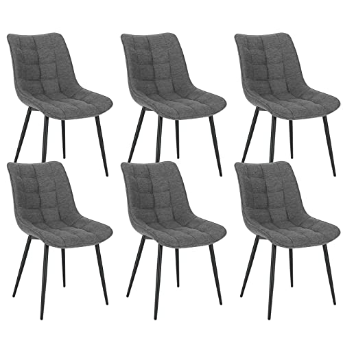 WOLTU 6X Sillas de Comedor, Sillas Ergonomicas con Respaldo en Funda Lino Transpirable, Sillas de Estilo Nórdico para Dormitorio, Salón y Comedor, Estructura Metal, Gris Oscuro, BH337dgr-6