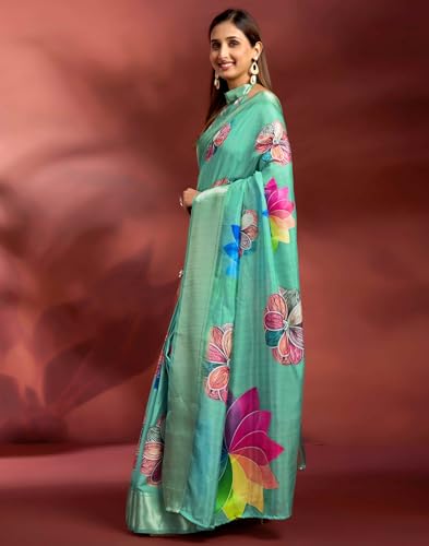 Image of SIRIL Women's Dola Silk Printed Jacquard Border Ready To Wear Saree with Unstitched Blouse Piece