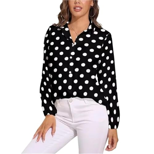 ZUGLQYSX Camisa clásica con Estampado de Lunares en Blanco y Negro for Mujer, Manga Larga, Solapa, Informal, Holgada, Talla Grande, con Personalidad(Black,M)