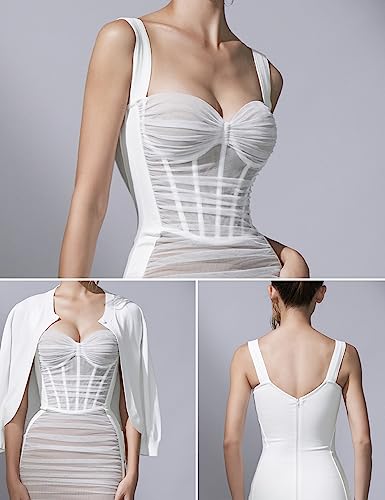 Image of houstil Women's Strap Wedding Guest Dress Velvet Mesh Bodycon Cocktail Party Fishbone Mini Clubwear