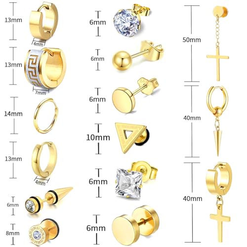 Image of 15 Pairs Earrings for Men, Black Stainless Steel Earrings Stud Kit for Men Women Fashion Piercing Jewelry Cross Dangle Hoop Earrings Set