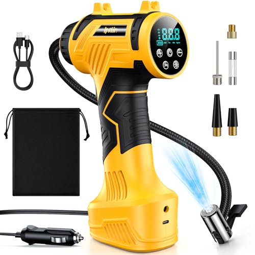 Ipflin Tyre Inflator Air Compressor -12V DC Cordless Car Tyre Pump 160 PSI Max with Digtial Pressure Gauge and LED Light, Rechargeable Battery Portable Tyre Inflator for Car/Bike/Motorcycle/Ball