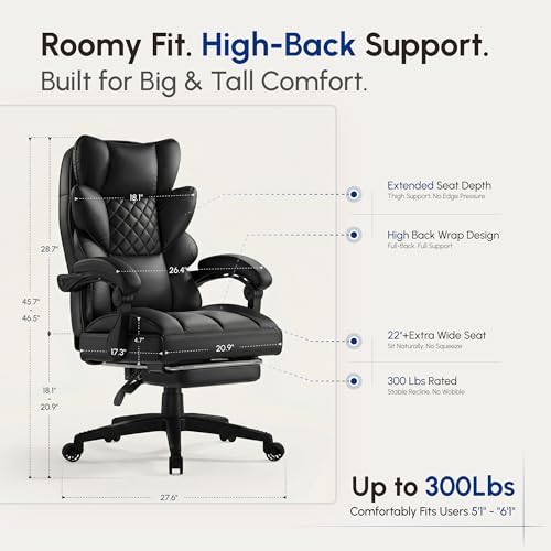 Image of Dowinx Big and Tall Office Chair with Pocket Spring Cushion,High Back Computer Gaming Chairs with Linkage Armrests,Executive Desk Chairs with Footrest,PU Leather-Black