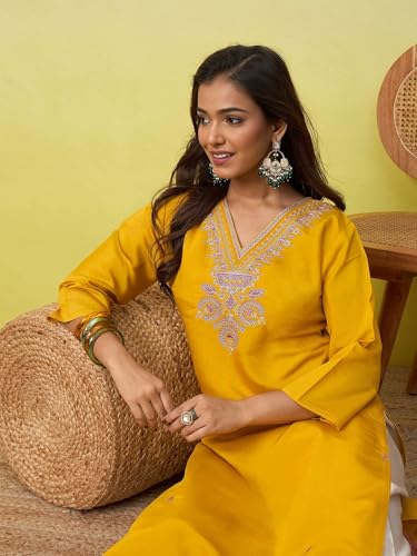 Image of Women's Embroidered Silk Straight Kurta Kurti | Below Knee Kurtas for Women Traditional Indian Wear Outfit Suitable Casual Festive Office Styling