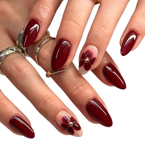Medium Burgundy Almond Press On Nails Removable Wine Red Oval Handmade Stick On Nail With Flower Rhinestone Durable Full Cover Acrylic Fake Nails for Women And Girls Nail Art Accessories
