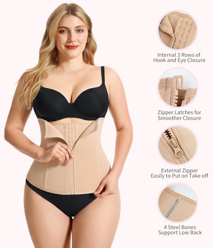 Gotoly Waist Trainer for Women Zipper Corset Shapewear Tummy Control Faja Body Shaper Waist Cincher Workout Girdle(Beige,Medium)