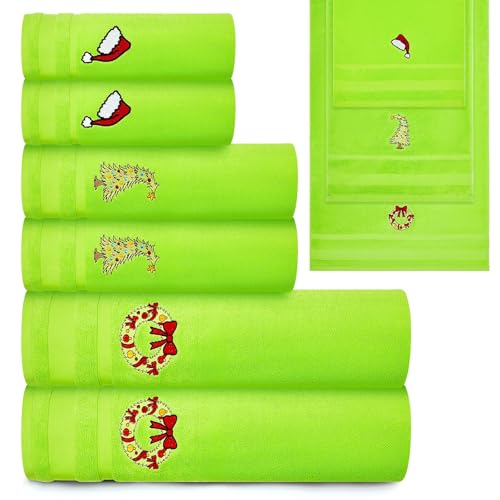 Peryiter 6 Pack Cotton Christmas Green Bath Towels Set Bright Green Christmas Towels Bathroom Set Soft and Absorbent Contains 2 Bath Cloth 2 Hand Cloth and 2 Washcloths