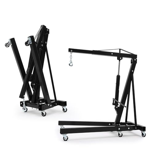 MERXENG Engine Hoist 2 Ton, Foldable Hydraulic Shop Crane with Telescopic Boom & 6 Swivel Casters, Heavy Duty Engine Cherry Picker for Lifting Motor, Transmission in Garage Workshop (Black)