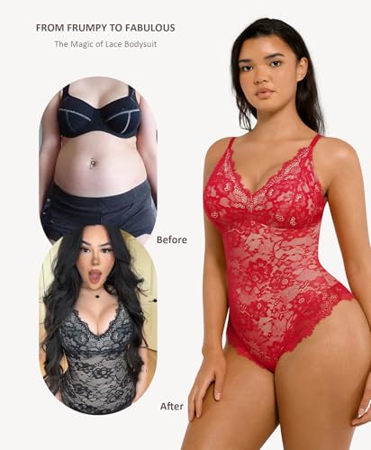 Image of FeelinGirl Shapewear Bodysuits for Women Lace Shapewear Tummy Control V-Neck Sleeveless Bodysuit Tops Jumpsuit