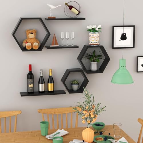 Image of Kassar Hexagon Wall Shelves Set, Black, Floating Display Shelves, Modern Geometric Design, Home Decor (Black)