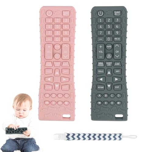 Image of 2Pack Silicone Baby Teething Toys, Soft Chew Toys with TV Remote Control Shape, Teether Early Educational Sensory Toy for Babies 3-12 Months Boys or Girls(Grey+Pink)