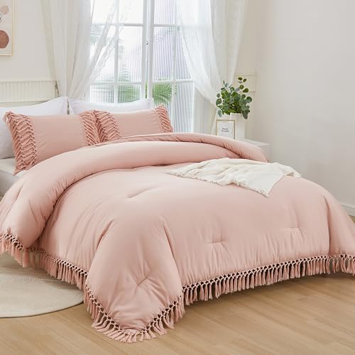 Image of Andency Pink Comforter Set Queen, 3 Pieces Boho Tassel Lightweight Soft Bedding Comforter Sets, All Season Fluffy Fringe Bed Set (90x90In Comforter & 2 Pillowcases)