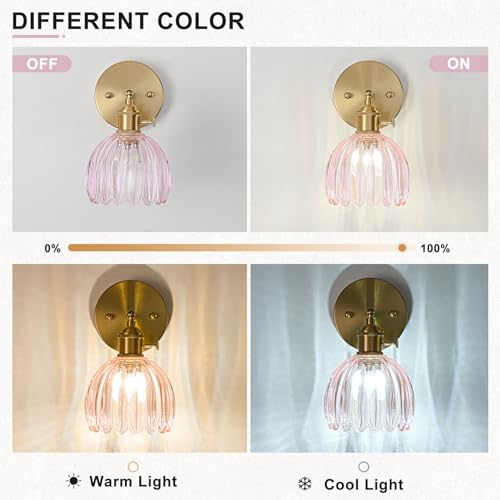 Image of Hardwired Wall Sconce Light, Vintage Wall Sconce with Switch, Gold Wall Light Fixture with Tulip Pink Glass Lampshade, Indoor Wall Light for Bedroom Bathroom, Bedside Wall Lamp