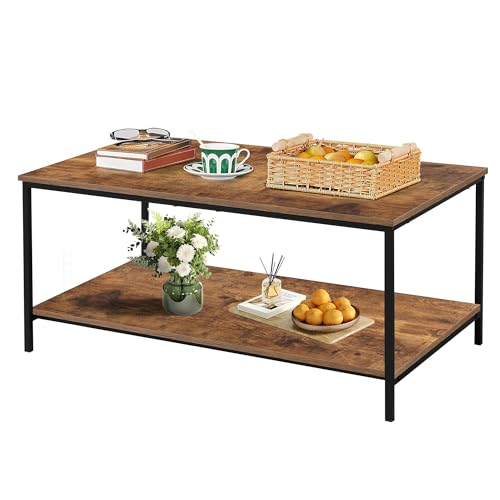 SENIG 2-Tier Coffee Table with Storage Shelf for Living Spaces, Brown Rectangle Wood and Sturdy Metal Side End Table, Functional Center Table for Living Room, 39.3 x 20 x 16