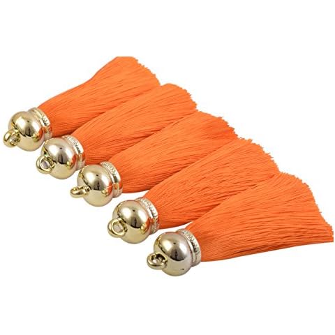 KONMAY 10pcs 2.4''(6.0cm) Handmade Imitation Silk Craft Jewelry Tassels with Golden Cap (Orange) Cover
