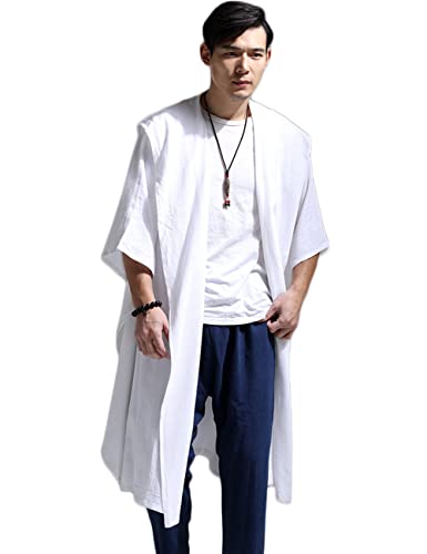 Ystylee Mens Linen Shawl Collar Hooded Kimono Robe Jacket Bat-wing Shirt Casual Open Front Long Cardigan Coat Outwear