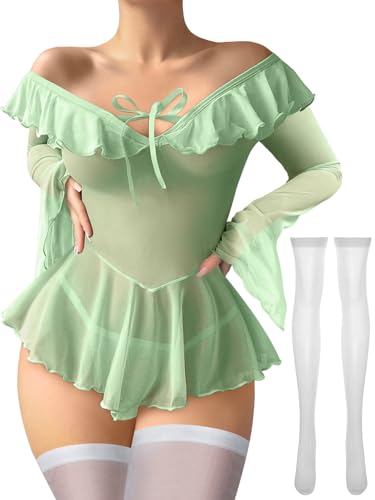 Image of Foxiny Sheer Ruffle Long Sleeve Babydoll Lingerie Dress | Off-shoulder neckline, flared cuffs and a flounce hem add movement; thong and thigh-high stockings complete the 3-piece set