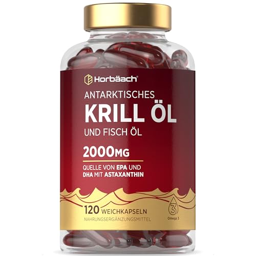 Krillöl Kapseln Hochdosiert 2000mg | Omega 3-340mg EPA/DHA mit 600 mcg Astaxanthin | Antarktis Krill | Alternative zu Lebertran | 120 Stück | Horbaach