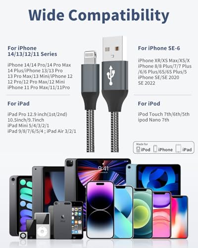 iPhone Charger Cord Lightning Cable (Black, 6FT+6FT+10FT)