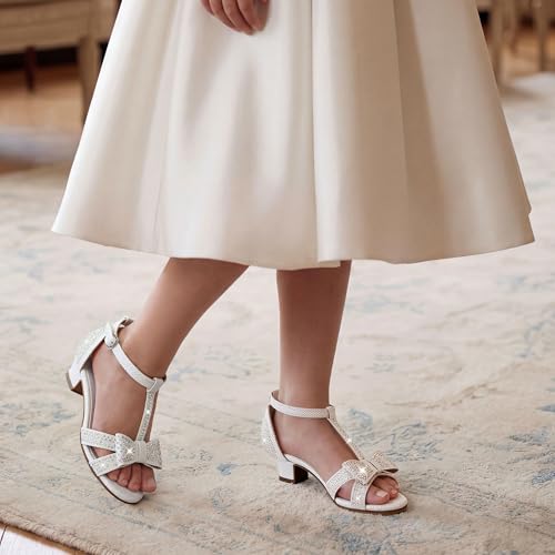 Image of Walofou Girls Dress Shoes Girls Heels Flower Girl Shoes Toddler Little Kid | 1.26 in Low Heels,Adjustable Buckle,Sparkly Bowknot,Glitter,Wedding,Party,Birthday,Holiday,Performance,Girls Dress Sandals