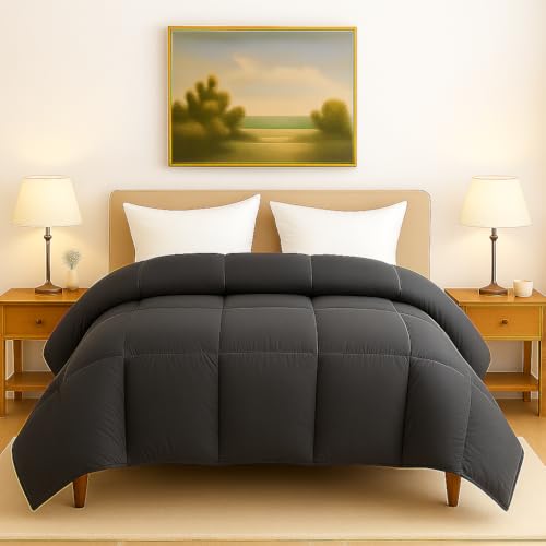 Image of Bed Comforter - Double Size - Dark Grey 300 GSM Quilt Blanket Rajai - Winter Warm Down Alternative Duvet Insert with Corner Ties