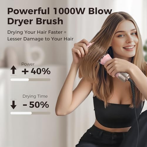 Image of slopehill Mini Travel Dual Voltage Hair Dryer Brush,1000 Watts Hot Air Brush with European Plug, Ionic Hair Dryer and Styler for Women, Oval Barrel 2 Heat & 2 Speed for International Travel Pink