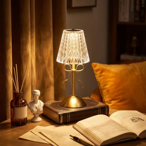 Image of Liliful 2 Pcs Cordless Table Lamp Rechargeable Touch LED Small Gold Portable Battery Operated USB-c Desk Lamp 3 Color Dimmable for Bedroom Living Room Dining (Gold,Classic Style Bow)