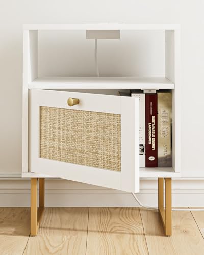 Image of Rattan Nightstand with Charging Station, Boho Night Stand Farmhouse Wood Bedside Table with Storage and Open Shelf, End Side Accent Table for Bedroom,Living Room,White