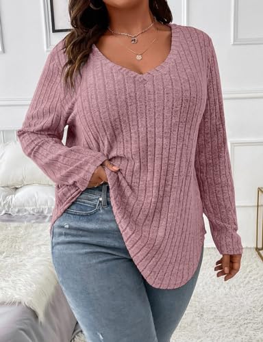 Koscacy Women Plus Size Casual Knit Sweater V Neck Solid Color Tops Lightweight Long Sleeve Blouses4