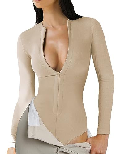 Womens Long Sleeve Zip Up Bodysuit Tops Sexy Stretchy Slim Fit