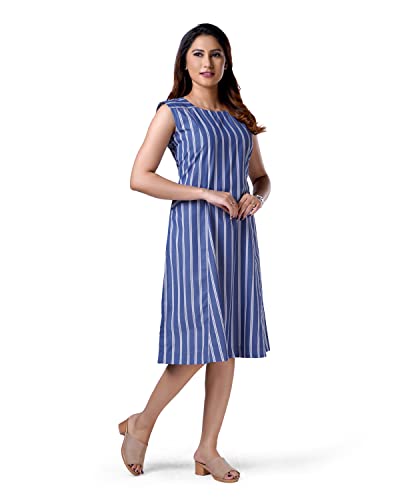 Image of charcoal fashion Women's Blue Striped A-Line Dress with Pockets