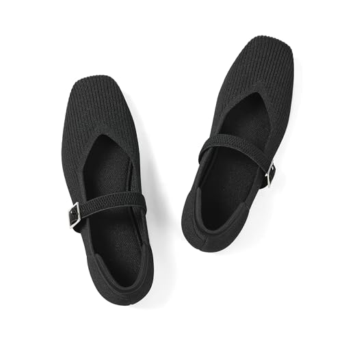 Image of CELNEPHO Flats for Women Mary Jane Shoes Casual Ballet Knit Flats Square Toe with Ankle Strap Dressy Comfortable Office Shoes