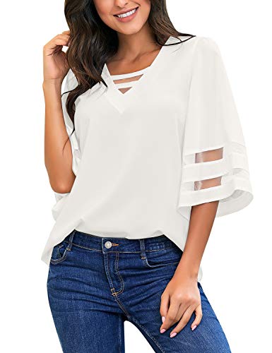 luvamia Women Casual Strappy V Neck Blouse 3/4 Bell Sleeve Mesh Panel Shirts Top4