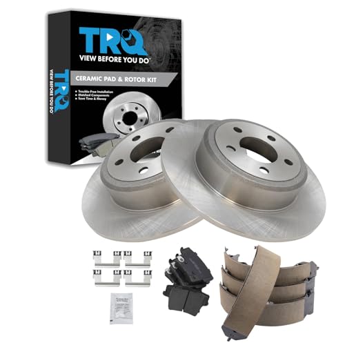 Image of TRQ Rear Brake Pad and Rotor Set Ceramic Solid Rotors Parking Shoe Compatible with 2005-2021 Chrysler 300 2009-2021 Challenger 2006-2021 Charger 2005-2008 Magnum