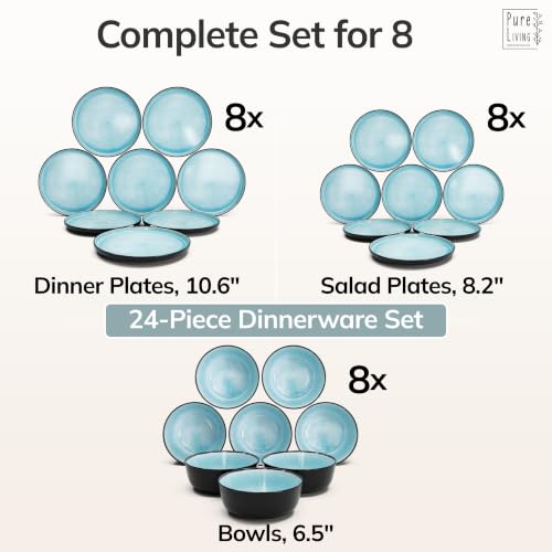 Image of 24 Piece Stoneware Dinnerware Set for 8, Handmade Plates and Bowls Set | Reactive Glaze Coating, Dishwasher & Microwave Safe Dish Set, Chip & Scratch Resistant Dishware Set, Ibiza Aquamarine