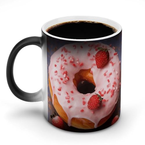 FZMVSQH Taza de café mágica con diseño de rosquilla de fresa, taza personalizada que cambia de color, sensible al calor, tazas de café con asa, taza de cerámica divertida para té, leche, cacao