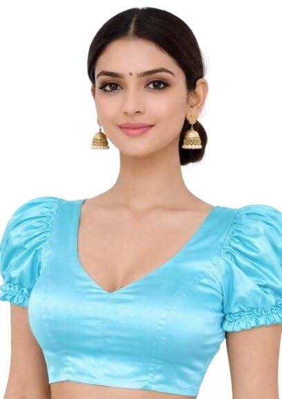 MK Enterprises24 Elegant Satin Puff Sleeve V-Neck Back Dori Designer Readymade Blouse for Women Aqua Blue 36-picture-30