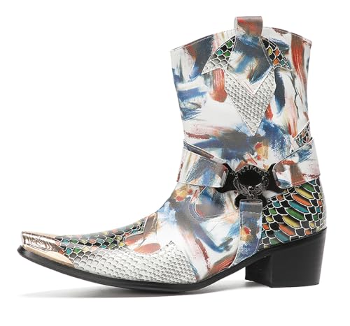 Santimon Cowboy Boot for Men Dress Casual Genuine Leather High Top Boots Metal Wingtip Zipper on Size Western Boots Fashion Wedding Singer Bar Party Ballroom Personalized Chelsea Boots2