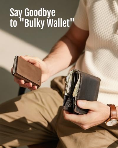 YESIIW Men's Leather Wallet with Coin Compartment & RFID Protection, Magnetic Slim Wallets for Men, Genuine Leather Wallet for 9 Credit Cards, ID Window, Brown3