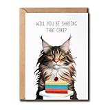 SNCGifts Fun Maine Coon Birthday Cake Card - will you Be Sharing That Cake - Lovely Maine Coon Cat Card - Maine Coon Cat Greeting Card