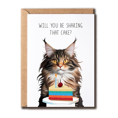 SNCGifts Fun Maine Coon Birthday Cake Card - will you Be Sharing That Cake - Lovely Maine Coon Cat Card - Maine Coon Cat Greeting Card