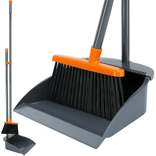 Lightweight Upright Standing Broom and Dustpan Combo, 52'' Indoor Broom with Dustpan Combo Set for Home Kitchen Room Office Lobby