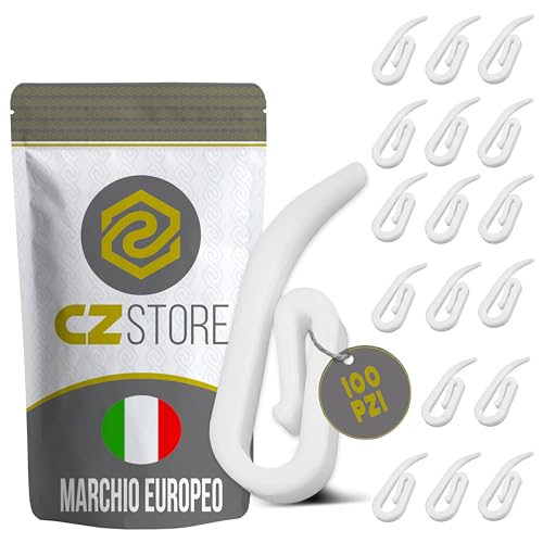 CZ Store Ganci Tenda |100 Pezzi|✮GARANZIA A VITA✮- Ganci a Uncino in Plastica, Bianchi 28x12mm - Gancio Appendi Tende, Tendine Scorrevoli, Tendaggi, Tende Da Doccia - Tende a Bastone e a Binario