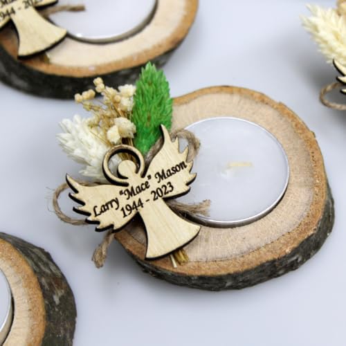 Personalized Handmade Memorial Candle Holders with Custom Engraved Tags and Dried Flowers – Rustic Wooden Tealight Holders for Funeral Keepsakes and Sympathy Gifts