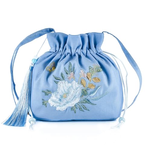 Women Chinese Hanfu Bag Floral Animal Embroidered Cloud Crossbody Drawstring Handbag Purse For Wedding Travel Daily