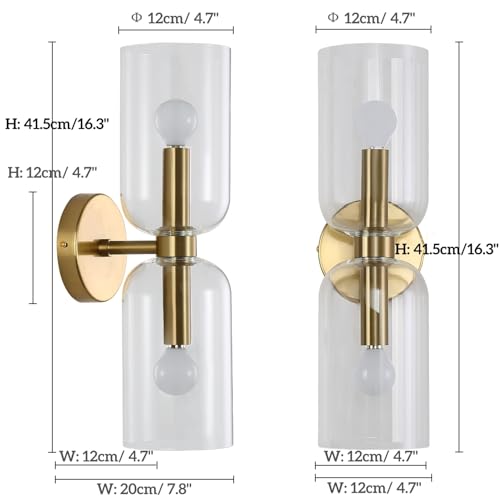 Image of EFINEHOME Minimalist 2-Light Gold Wall Sconces with Cylinder Glass Shades- Mid Century Vanity Wall Double Lights Hardwired- Modern Indoor Glass Wall Mounted Art Decor Lights (Clear, 1 Pack)