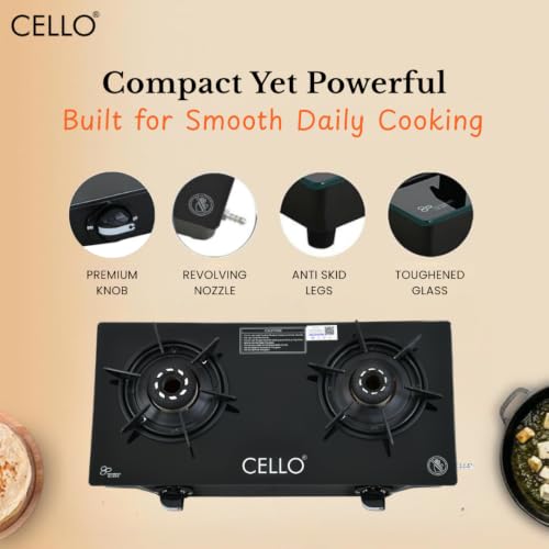 Image of Cello Dezire Plus 2 Burner Gas Stove | 6mm Toughened Glass | Manual Ignition | ISI Certified | Rapid Alloy Burnes | 1 Year Warranty | Hexa Pan Supports